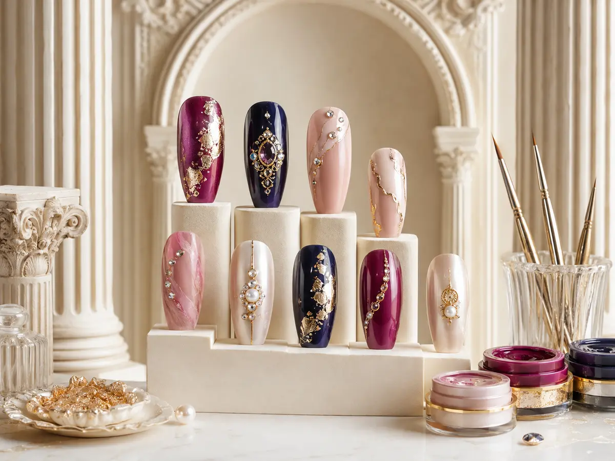 Magenta, navy, blush and gold neoclassical nail art display