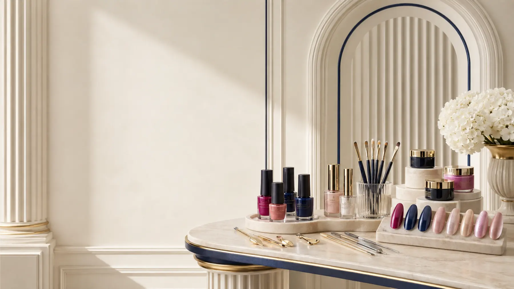 Neoclassical ivory nail studio with navy and magenta nail supplies