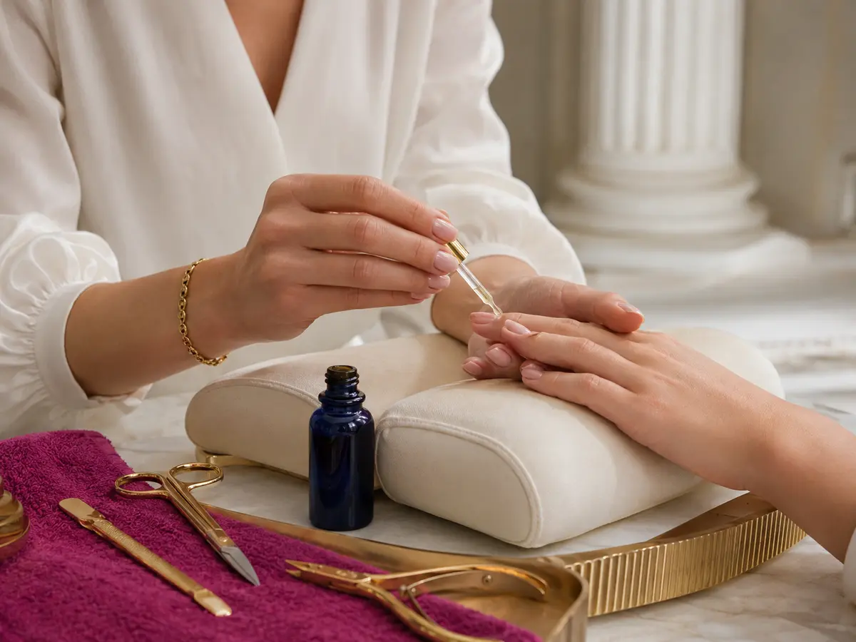 Nail artist applying cuticle oil in a bright neoclassical manicure setting