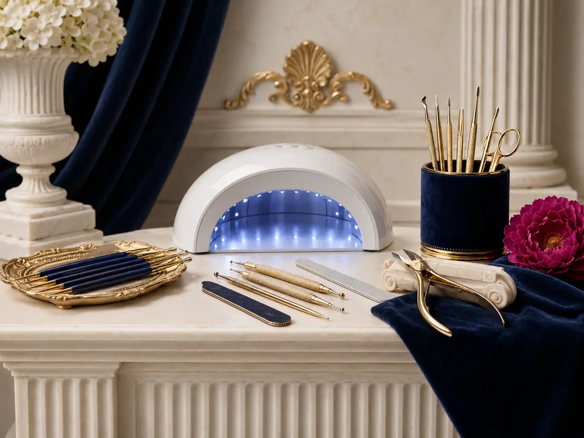 Professional nail tools and UV LED lamp in a neoclassical studio